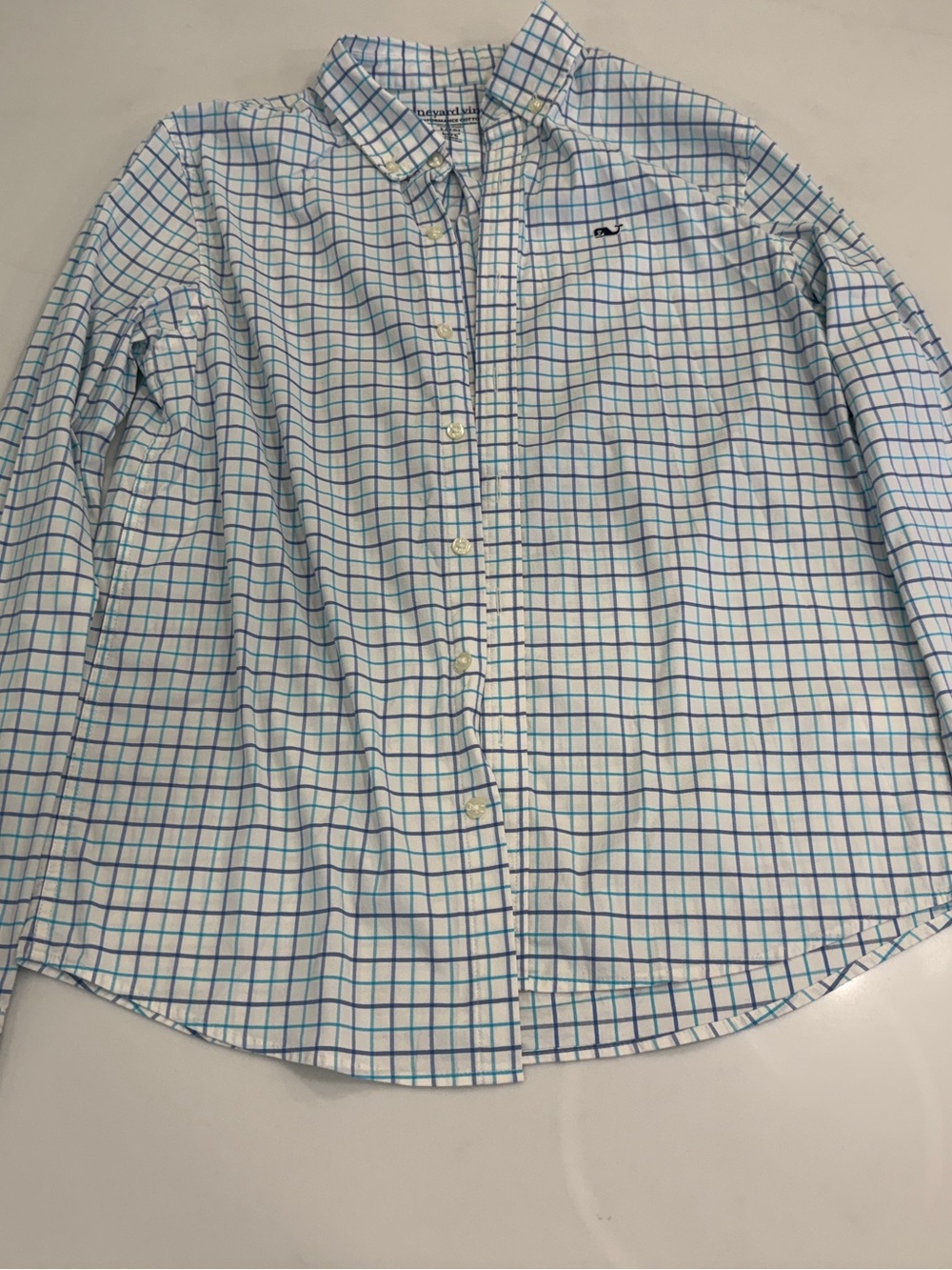 Vineyard Vines White Button-Down Shirt with Blue and Teal Windowpane